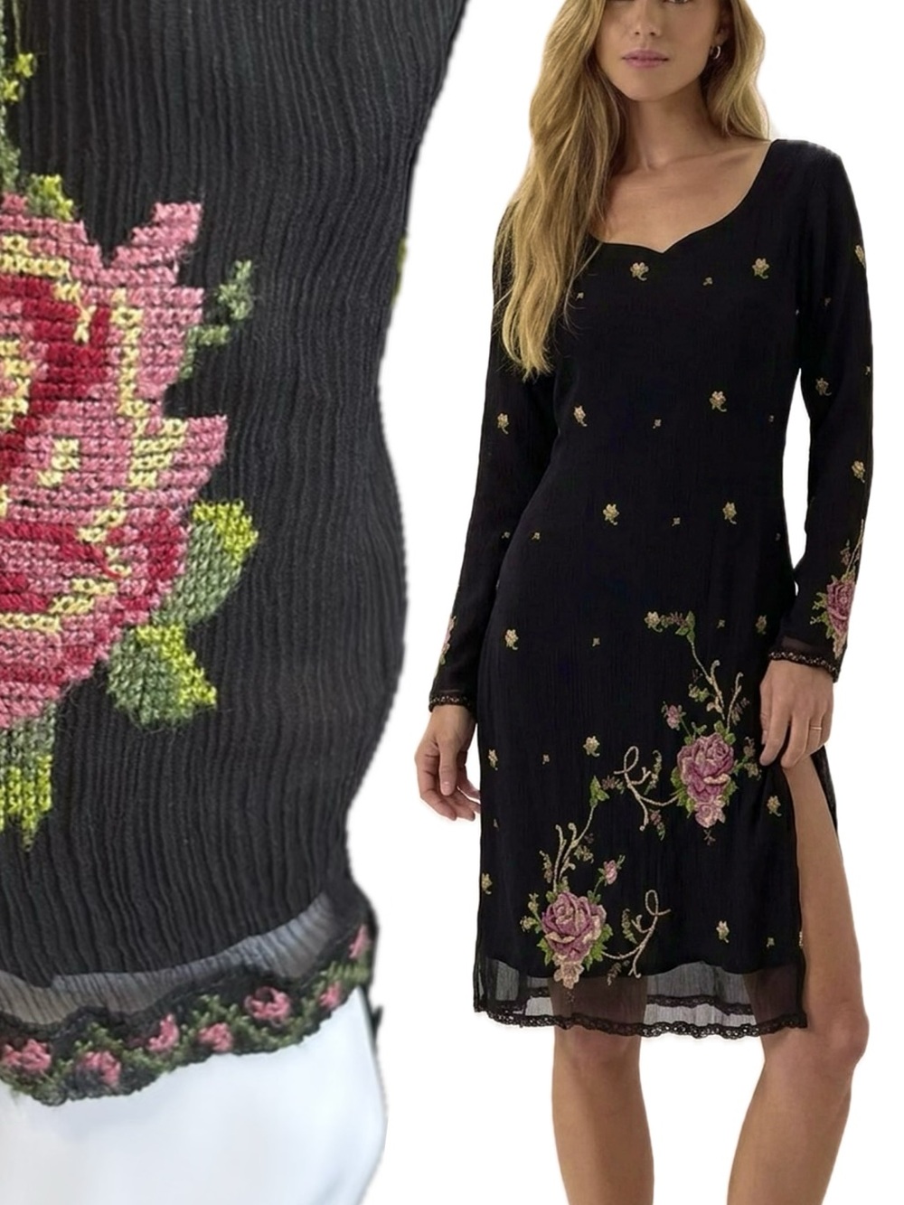Embroidered Sheer Black Floral Rose Midi Dress Size Small Sweetheart High Slits